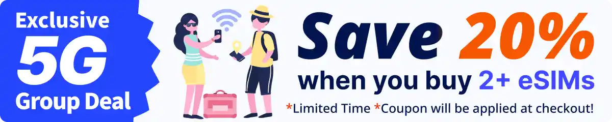 KDDI coupon banner — 20% OFF 2+ eSIMs